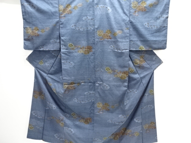 雲に花模様手織り紬着物